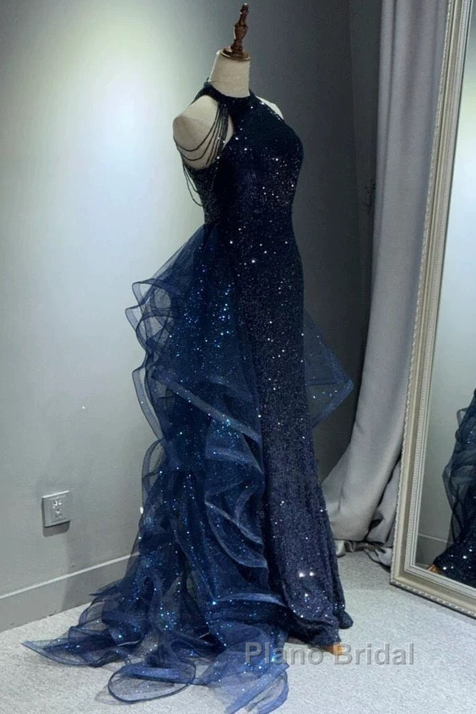 A-Line Tulle Sequin Dark Blue Long Formal Prom Dresses, Dark Blue Long Formal Dresses