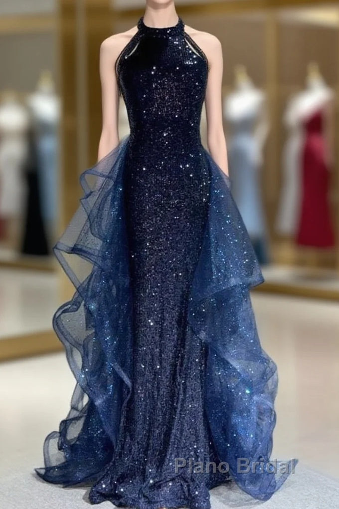 A-Line Tulle Sequin Dark Blue Long Formal Prom Dresses, Dark Blue Long Formal Dresses Main image