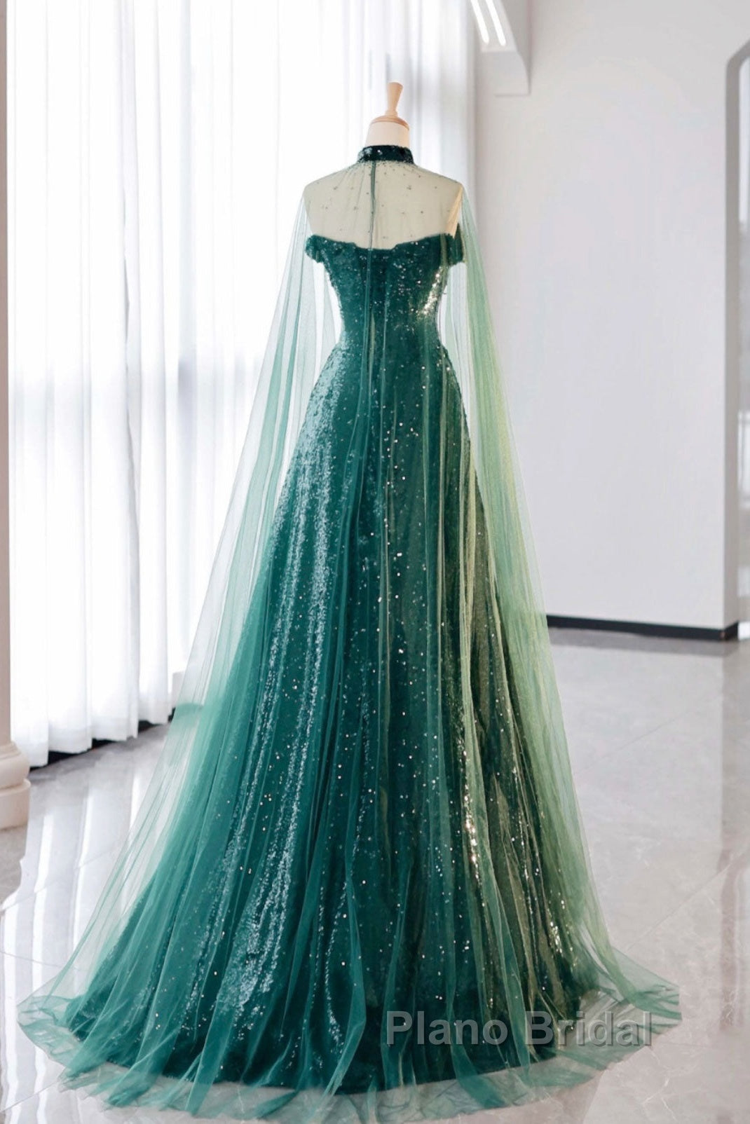 A-Line Tulle Sequin Green Long Formal Prom Dresses, Green Formal Evening  Dresses