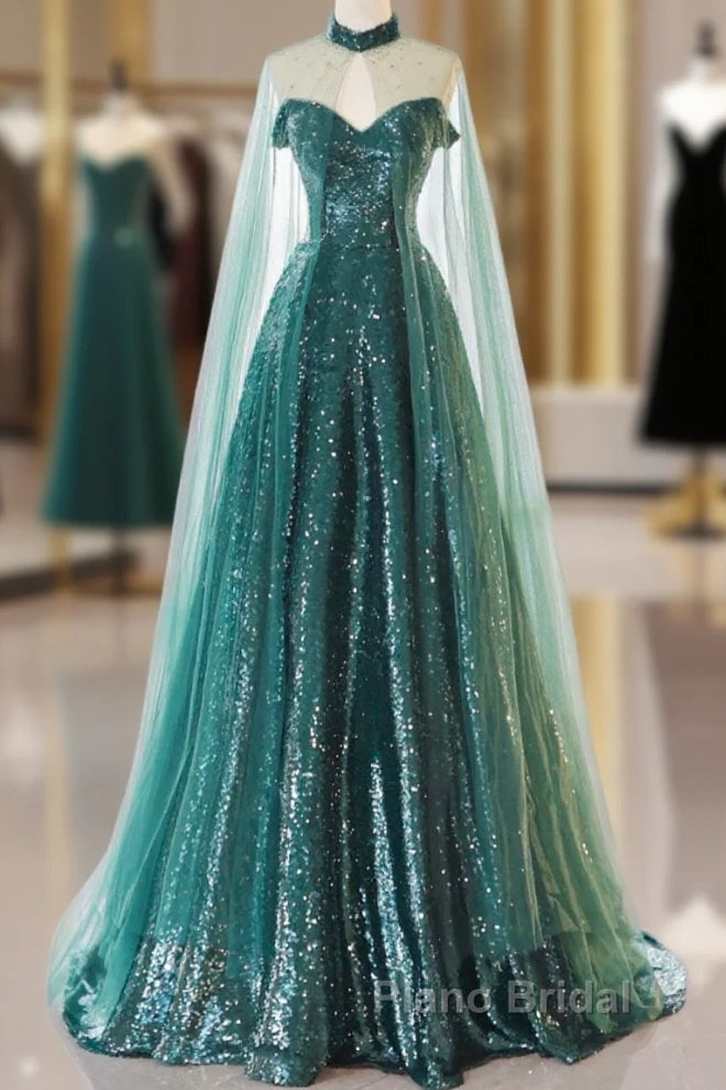 A-Line Tulle Sequin Green Long Formal Prom Dresses, Green Formal Evening  Dresses