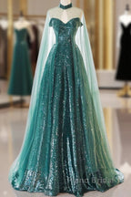 A-Line Tulle Sequin Green Long Formal Prom Dresses, Green Formal Evening  Dresses
