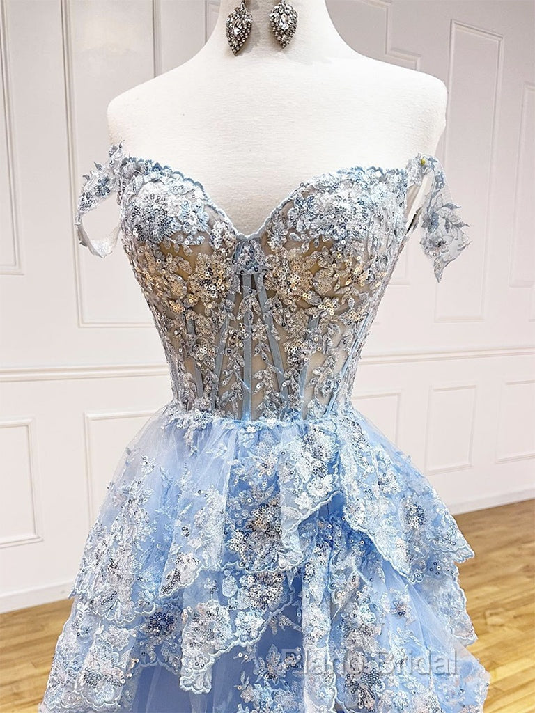 A-Line Tulle Sequin Lace Blue Long Formal Prom Dresses, Blue Long Formal Dresses Secondary image