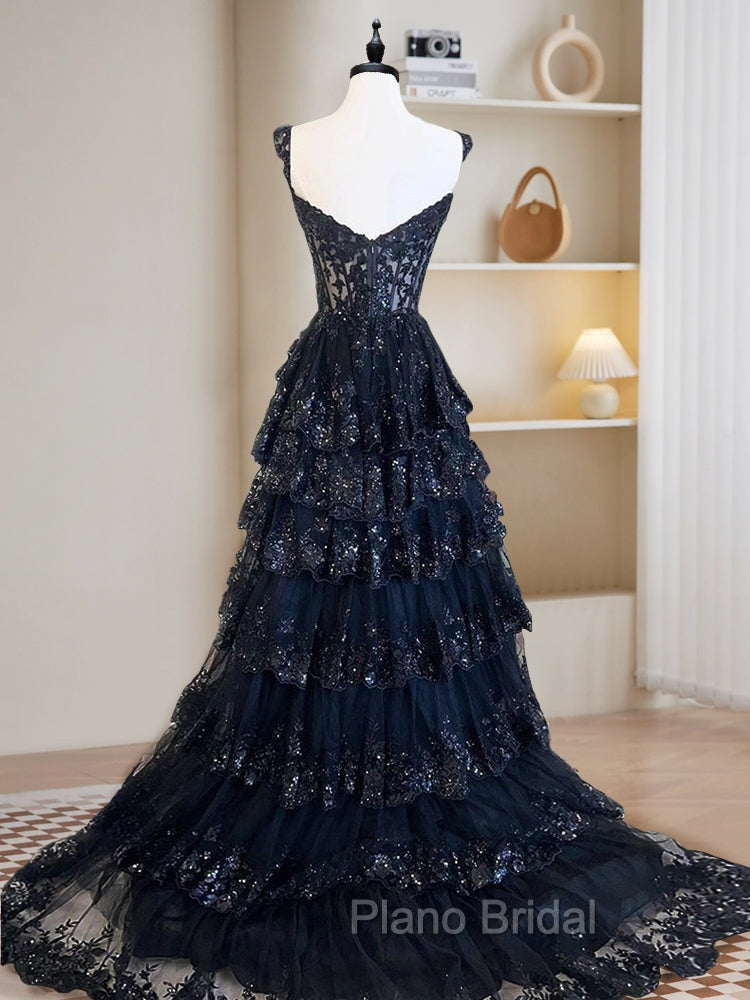 A-Line Tulle Sequin Navy Blue Long Formal Prom Dresses, Navy Blue Sequin Long Formal Dresses