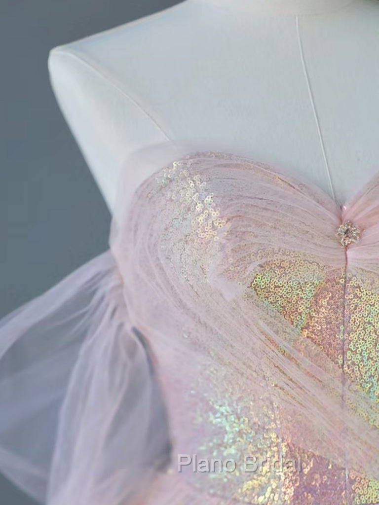 A-Line Tulle Sequin Pink Long Formal Prom Dresses, Pink Tulle Long Formal Dresses
