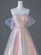 A-Line Tulle Sequin Pink Long Formal Prom Dresses, Pink Tulle Long Formal Dresses