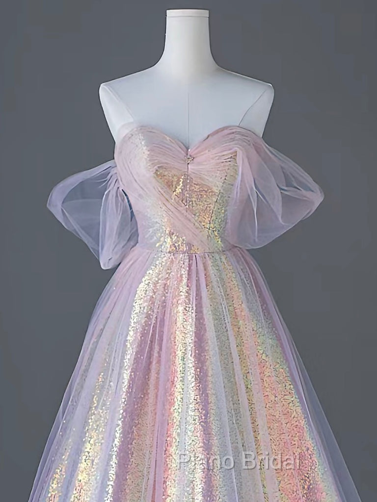 A-Line Tulle Sequin Pink Long Formal Prom Dresses, Pink Tulle Long Formal Dresses