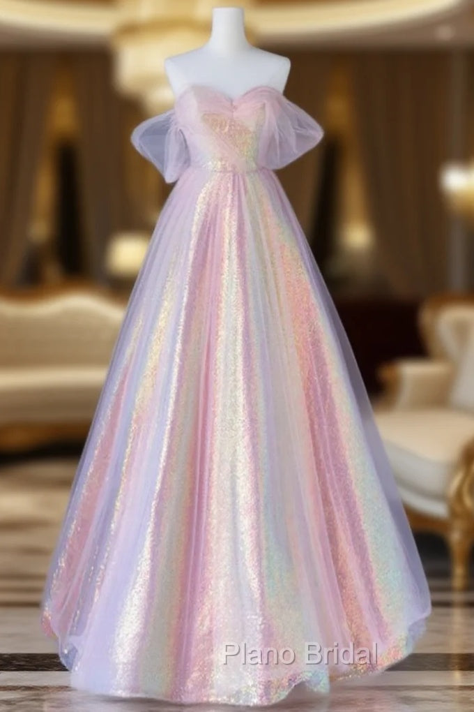 A-Line Tulle Sequin Pink Long Formal Prom Dresses, Pink Tulle Long Formal Dresses Main image