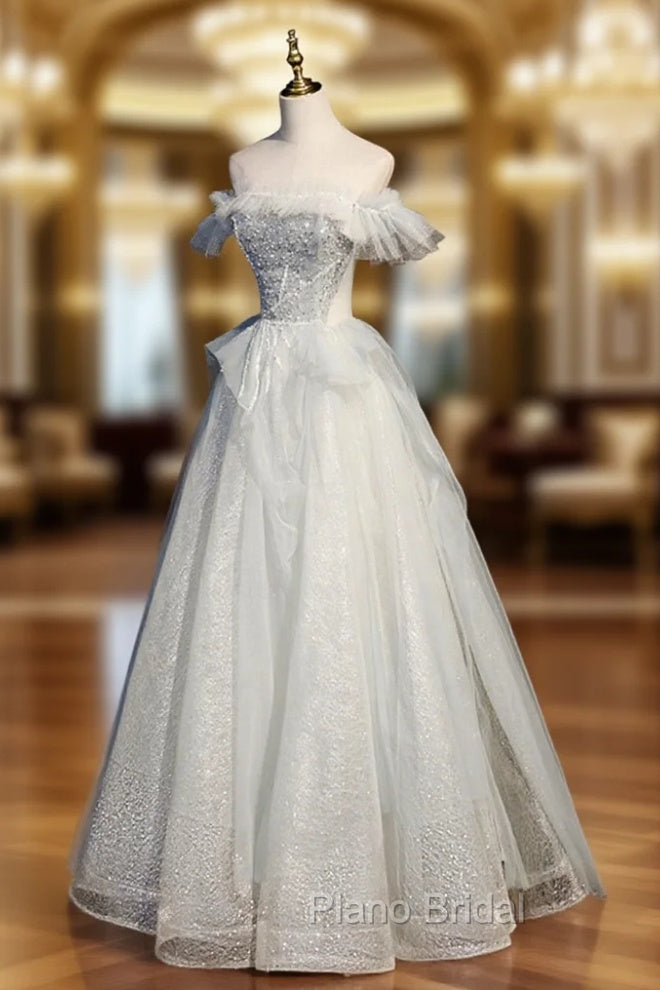 A-Line Tulle Sequins Long Formal Prom Dresses, Off the Shoulder Evening Dresses