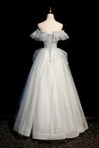 A-Line Tulle Sequins Long Formal Prom Dresses, Off the Shoulder Evening Dresses