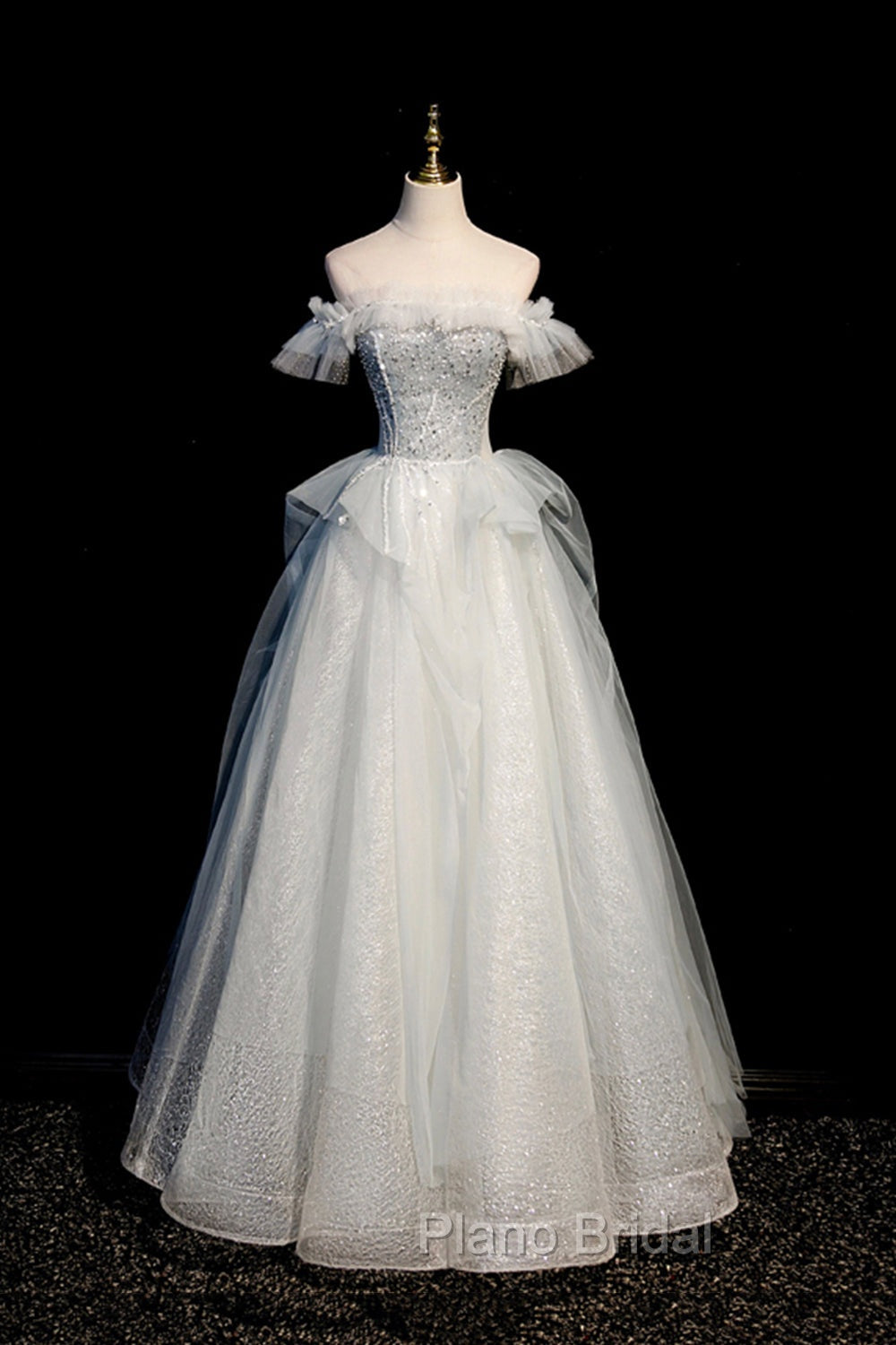 A-Line Tulle Sequins Long Formal Prom Dresses, Off the Shoulder Evening Dresses