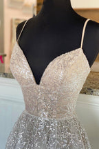 A-Line Tulle Sequins Long Formal Prom Dresses, Spaghetti Strap Backless Evening Dresses