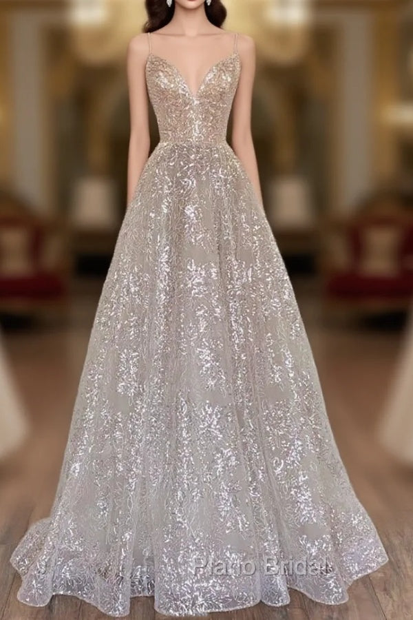 A-Line Tulle Sequins Long Formal Prom Dresses, Spaghetti Strap Backless Evening Dresses Main image