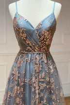 A-Line Tulle Sequins Long Formal Prom Dresses, V-Neck Backless Evening Dresses