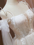 A Line Tulle Short Champagne Formal Prom Dresses, Off Shoulder Lace Puffy Homecoming Dresses