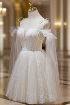 A Line Tulle Short Champagne Formal Prom Dresses, Off Shoulder Lace Puffy Homecoming Dresses