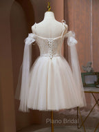 A Line Tulle Short Champagne Formal Prom Dresses, Off Shoulder Lace Puffy Homecoming Dresses