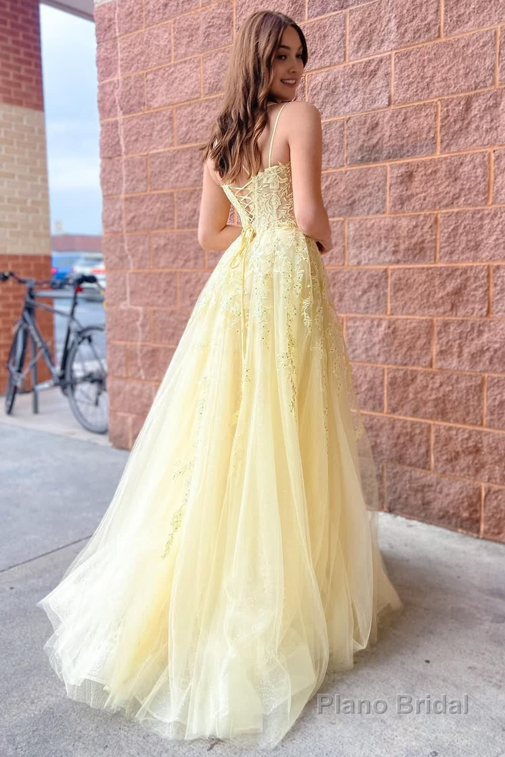 A-Line Tulle Spaghetti Straps Light Yellow Long Prom Dress with Appliques Secondary image