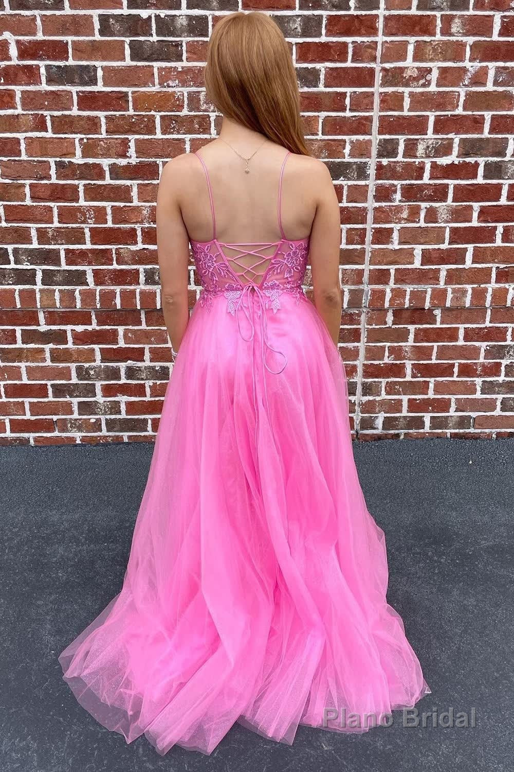 A-Line Tulle Spaghetti Straps Pink Long Prom Dress with Appliques Secondary image