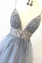 A Line Tulle Spaghetti Straps V Neck Appliques Long Formal Prom Dresses Beautiful