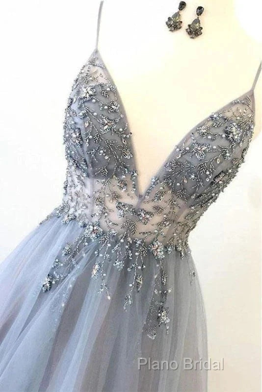 A Line Tulle Spaghetti Straps V Neck Appliques Long Formal Prom Dresses Beautiful