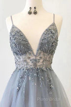A Line Tulle Spaghetti Straps V Neck Appliques Long Formal Prom Dresses Beautiful