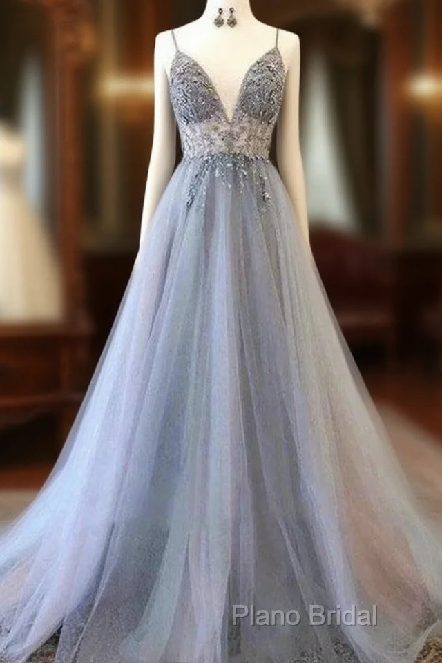 A Line Tulle Spaghetti Straps V Neck Appliques Long Formal Prom Dresses Beautiful