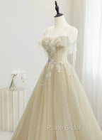 A-Line Tulle Straps Beaed Lace Long Formal Dresses, Tulle Evening Dresses Formal Prom Dresses