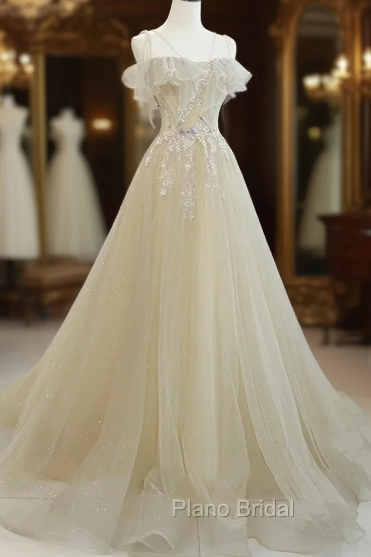 A-Line Tulle Straps Beaed Lace Long Formal Dresses, Tulle Evening Dresses Formal Prom Dresses Main image