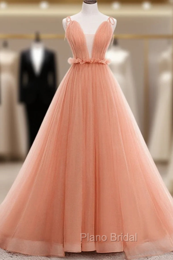 A-line Tulle Straps Low Back Long Wedding Party Dresses, Pink Tulle Long Formal Prom Dresses Main image