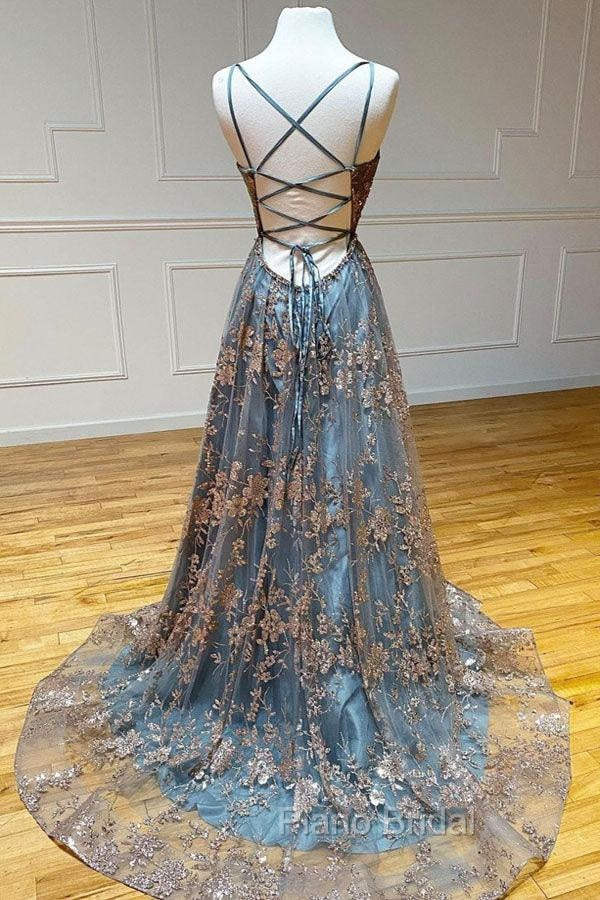 A-line Tulle Straps Sequins Lace Formal Prom Dresses Split Evening Dresses
