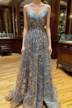 A-line Tulle Straps Sequins Lace Formal Prom Dresses Split Evening Dresses