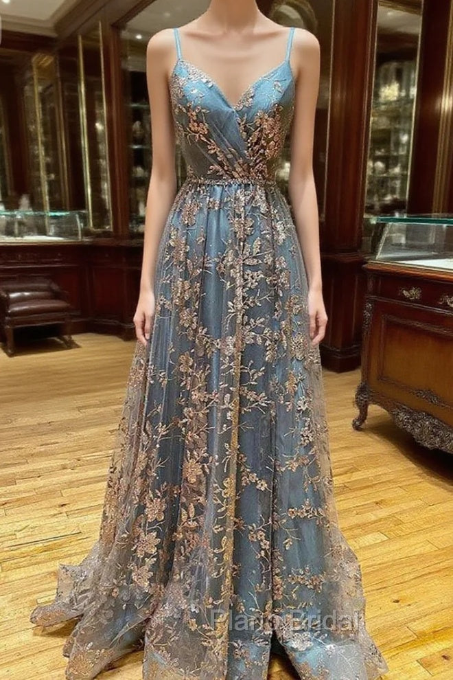 A-line Tulle Straps Sequins Lace Formal Prom Dresses Split Evening Dresses