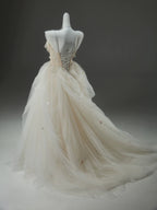 A-Line Tulle Sweep Train Champagne Long Formal Prom Dresses With Applique