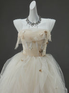 A-Line Tulle Sweep Train Champagne Long Formal Prom Dresses With Applique