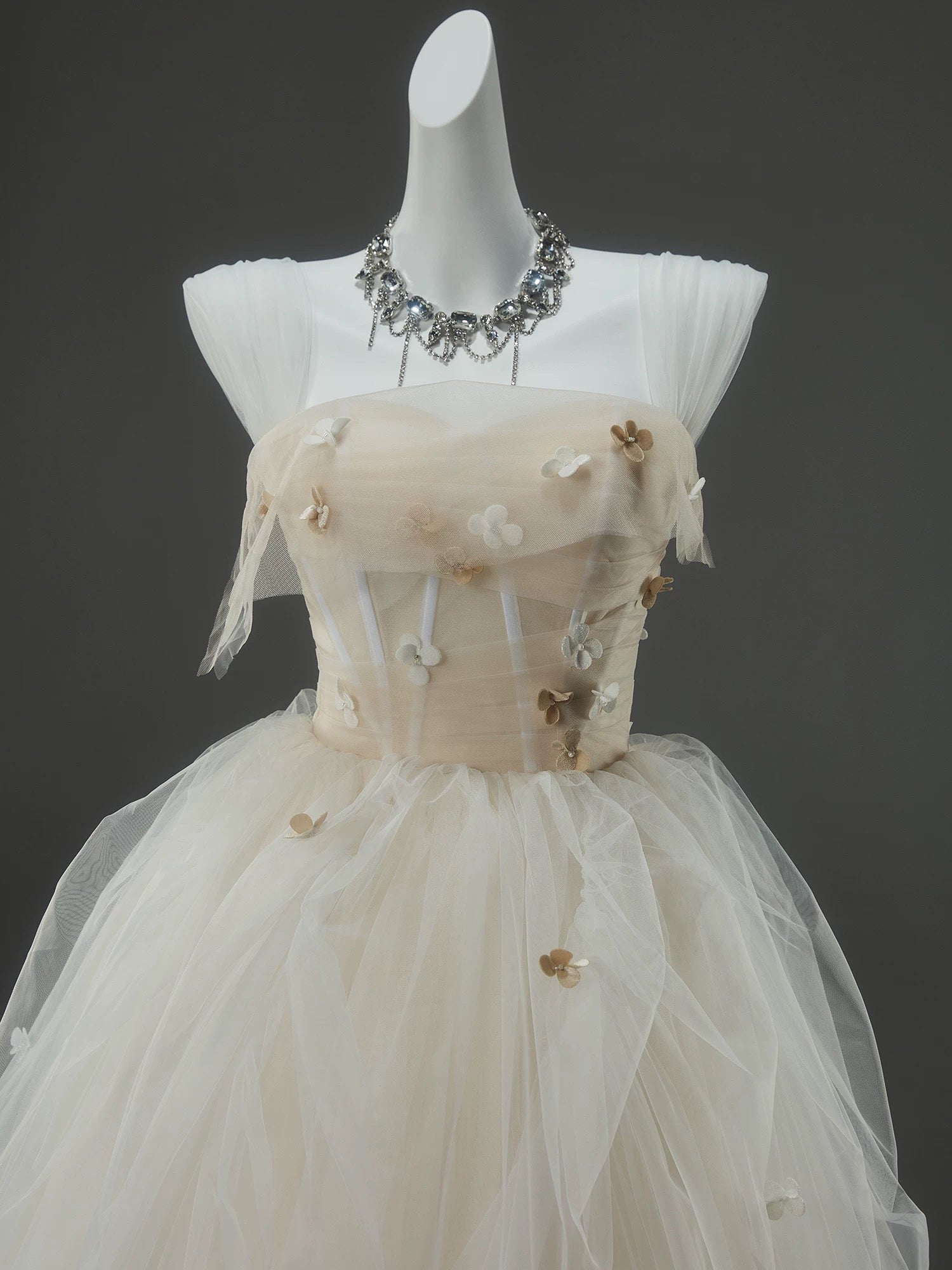 A-Line Tulle Sweep Train Champagne Long Formal Prom Dresses With Applique