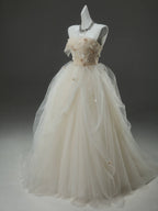 A-Line Tulle Sweep Train Champagne Long Formal Prom Dresses With Applique