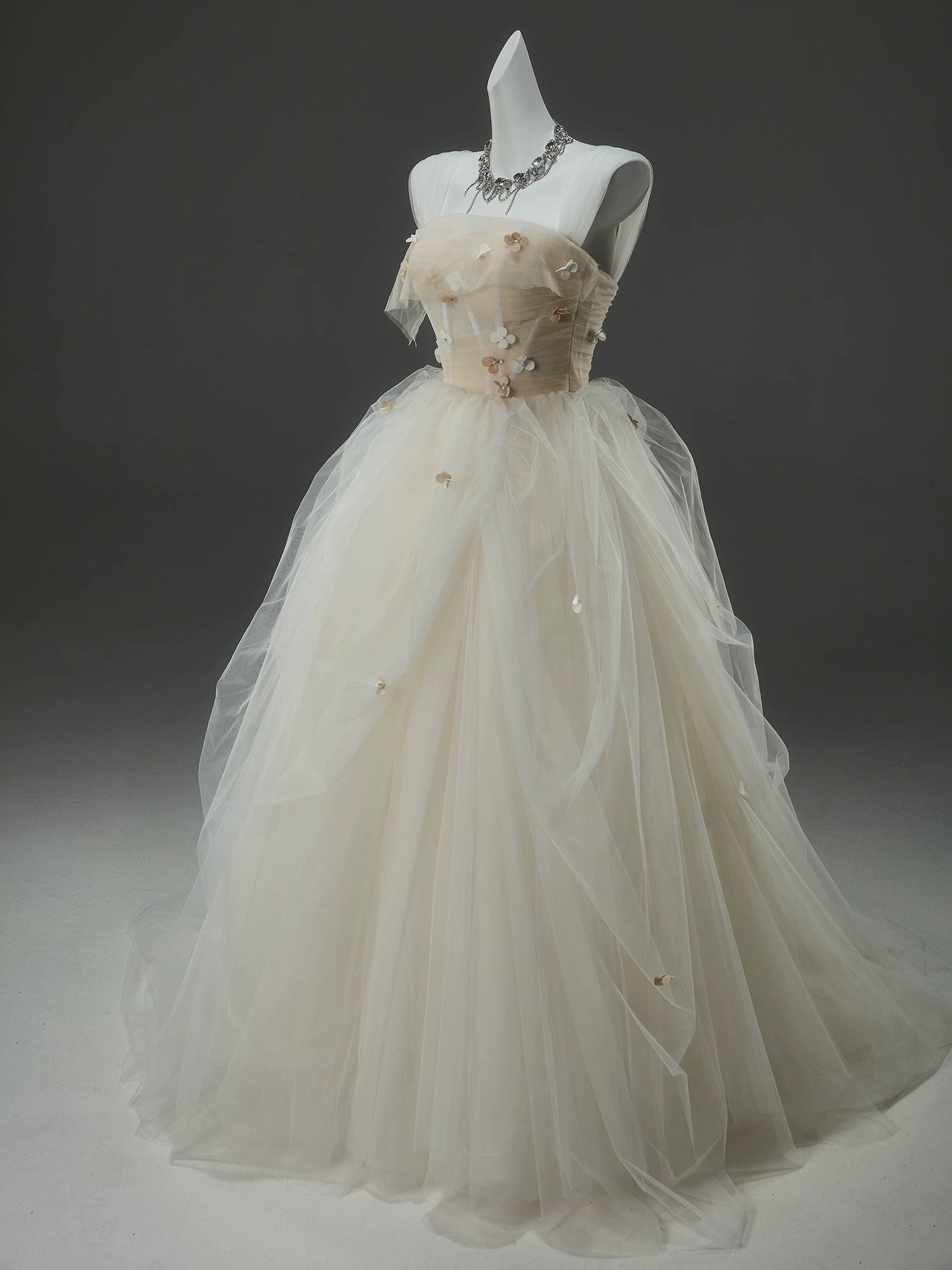 A-Line Tulle Sweep Train Champagne Long Formal Prom Dresses With Applique
