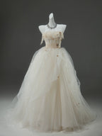 A-Line Tulle Sweep Train Champagne Long Formal Prom Dresses With Applique