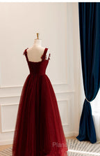 A-Line Tulle Sweetheart Straps Long Formal Dresses, Wine Red Formal Dresses Formal Prom Dresses