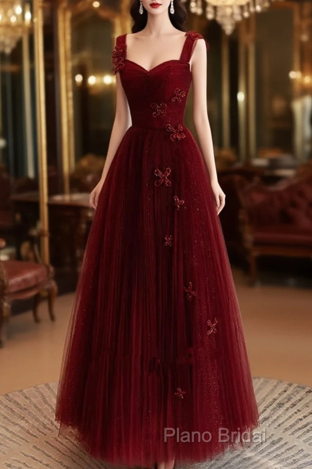 A-Line Tulle Sweetheart Straps Long Formal Dresses, Wine Red Formal Dresses Formal Prom Dresses Main image