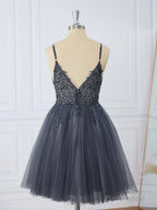 A-line Tulle V-neck Beading Short/Mini Dress