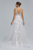 A-Line Tulle V-Neck Lace Beaded Flower Wedding Dresses