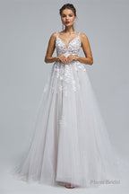 A-Line Tulle V-Neck Lace Beaded Flower Wedding Dresses