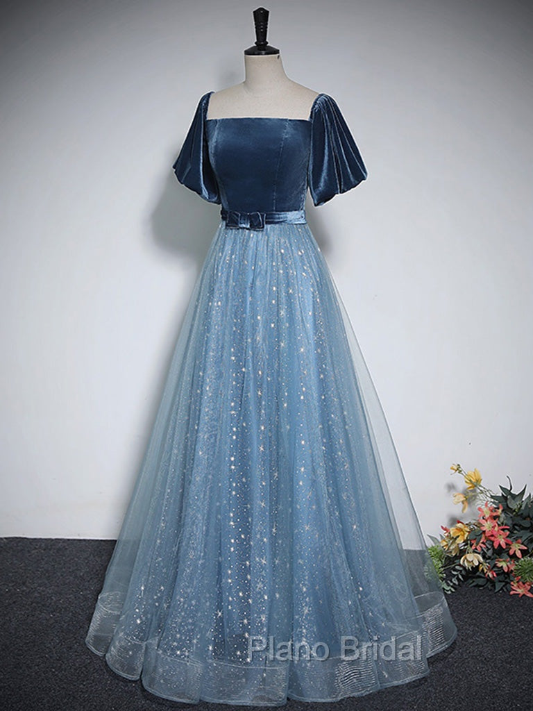 A-Line Tulle Velvet Blue Long Formal Prom Dresses, Blue Tulle Formal Dresses