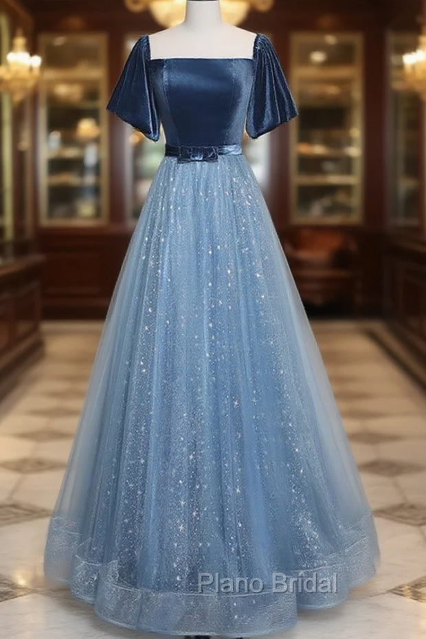 A-Line Tulle Velvet Blue Long Formal Prom Dresses, Blue Tulle Formal Dresses Main image