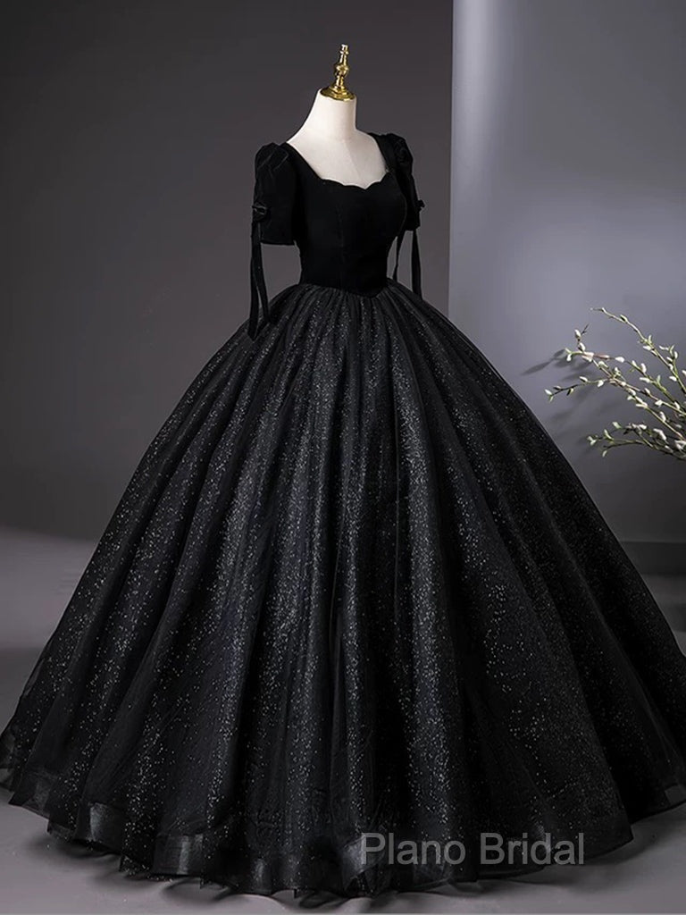 A-Line Tulle Velvet Sequin Black Long Formal Prom Dresses, Black Long Formal Dresses Secondary image