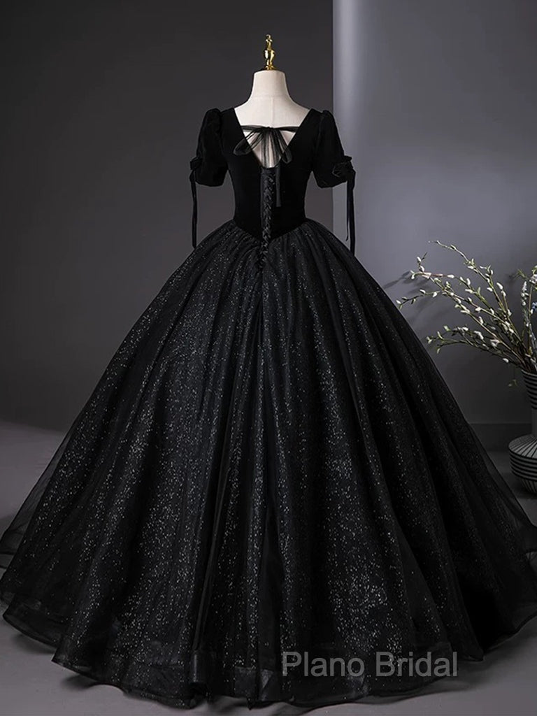 A-Line Tulle Velvet Sequin Black Long Formal Prom Dresses, Black Long Formal Dresses