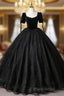 A-Line Tulle Velvet Sequin Black Long Formal Prom Dresses, Black Long Formal Dresses