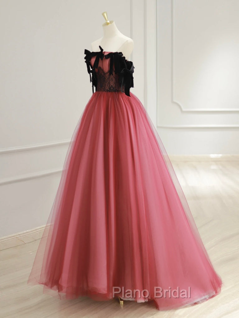 A-Line Tulle Watermelon Red Long Formal Prom Dresses, Watermelon Red Tulle Long Formal Dresses Secondary image