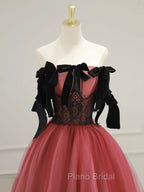 A-Line Tulle Watermelon Red Long Formal Prom Dresses, Watermelon Red Tulle Long Formal Dresses